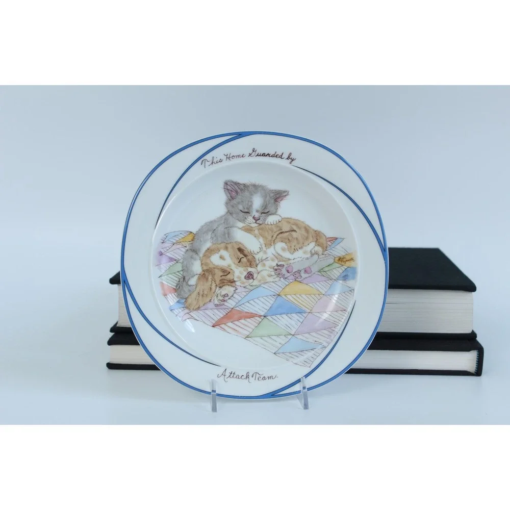 Mikasa Scallops Attack Team Cat Dog Fine China Plate White Blue 7.5 Inch Vintage
